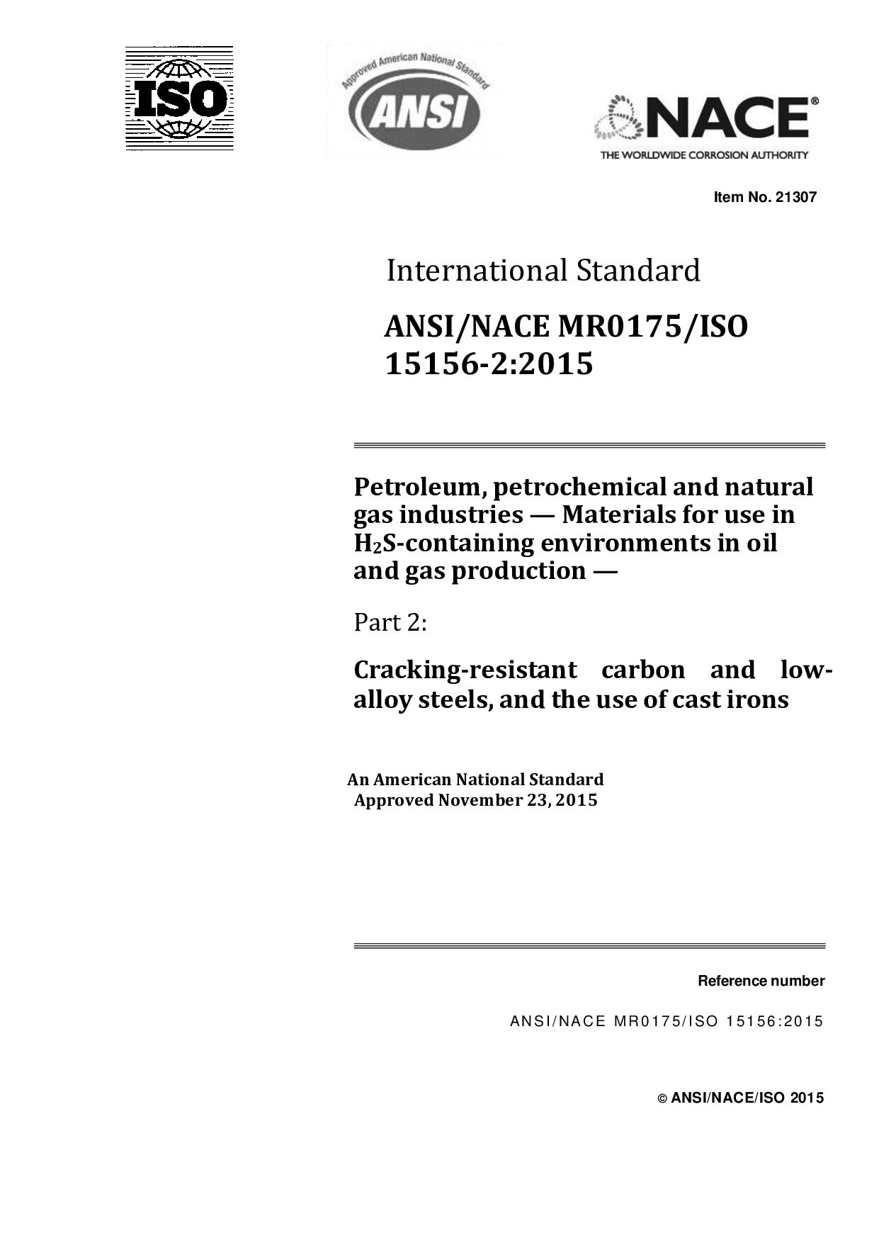 ANSI/NACE MR0175*ISO 15156-2:2015封面图