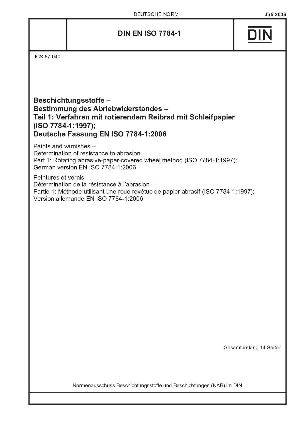 DIN EN ISO 7784-1:2006封面图