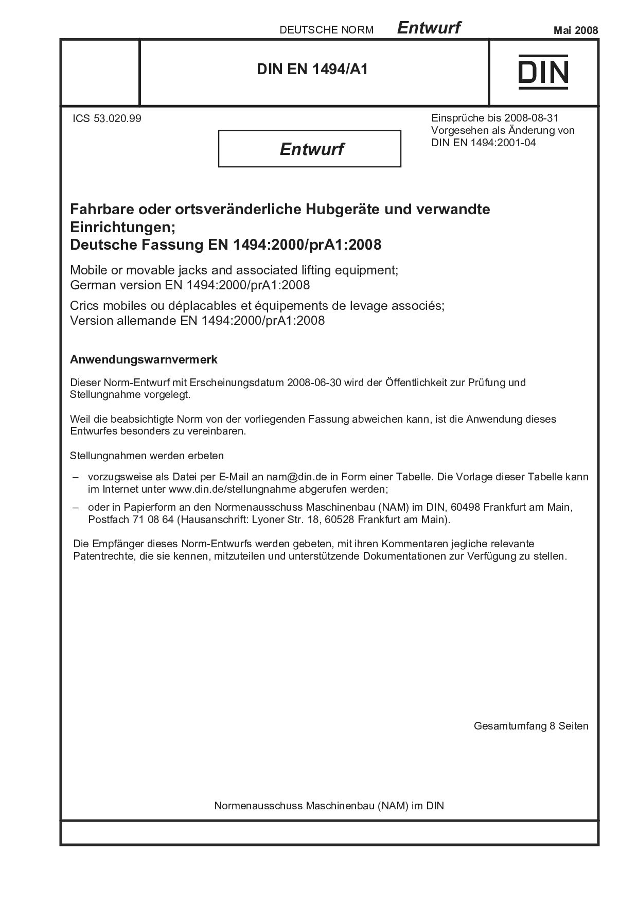 DIN EN 1494 A1 E:2008-05封面图