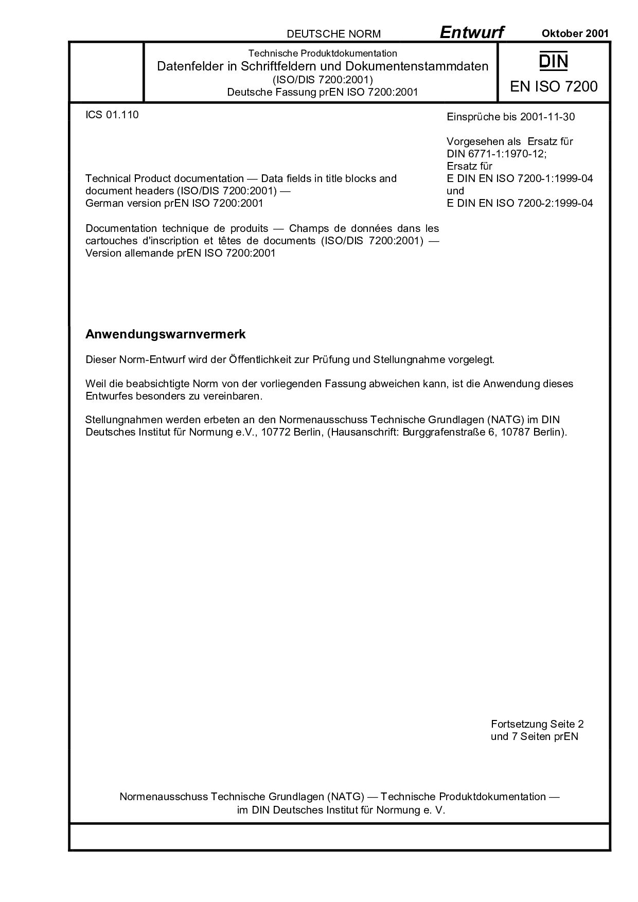 DIN EN ISO 7200 E:2001-10封面图
