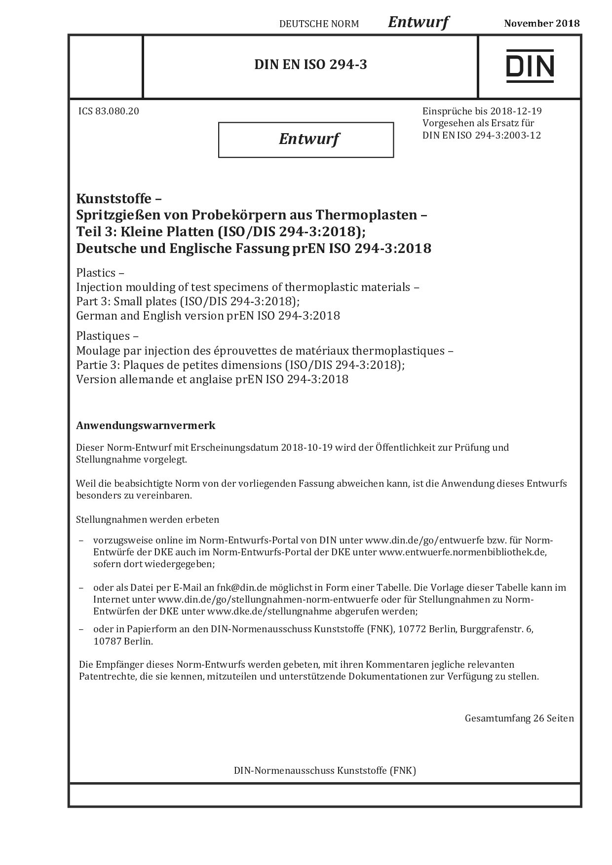 DIN EN ISO 294-3 E:2018-11