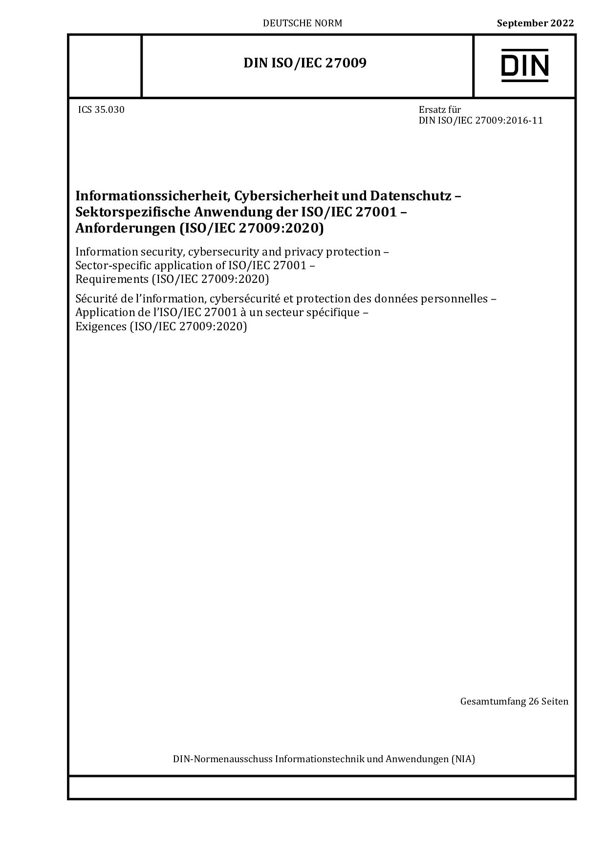 DIN ISO/IEC 27009:2022-09封面图