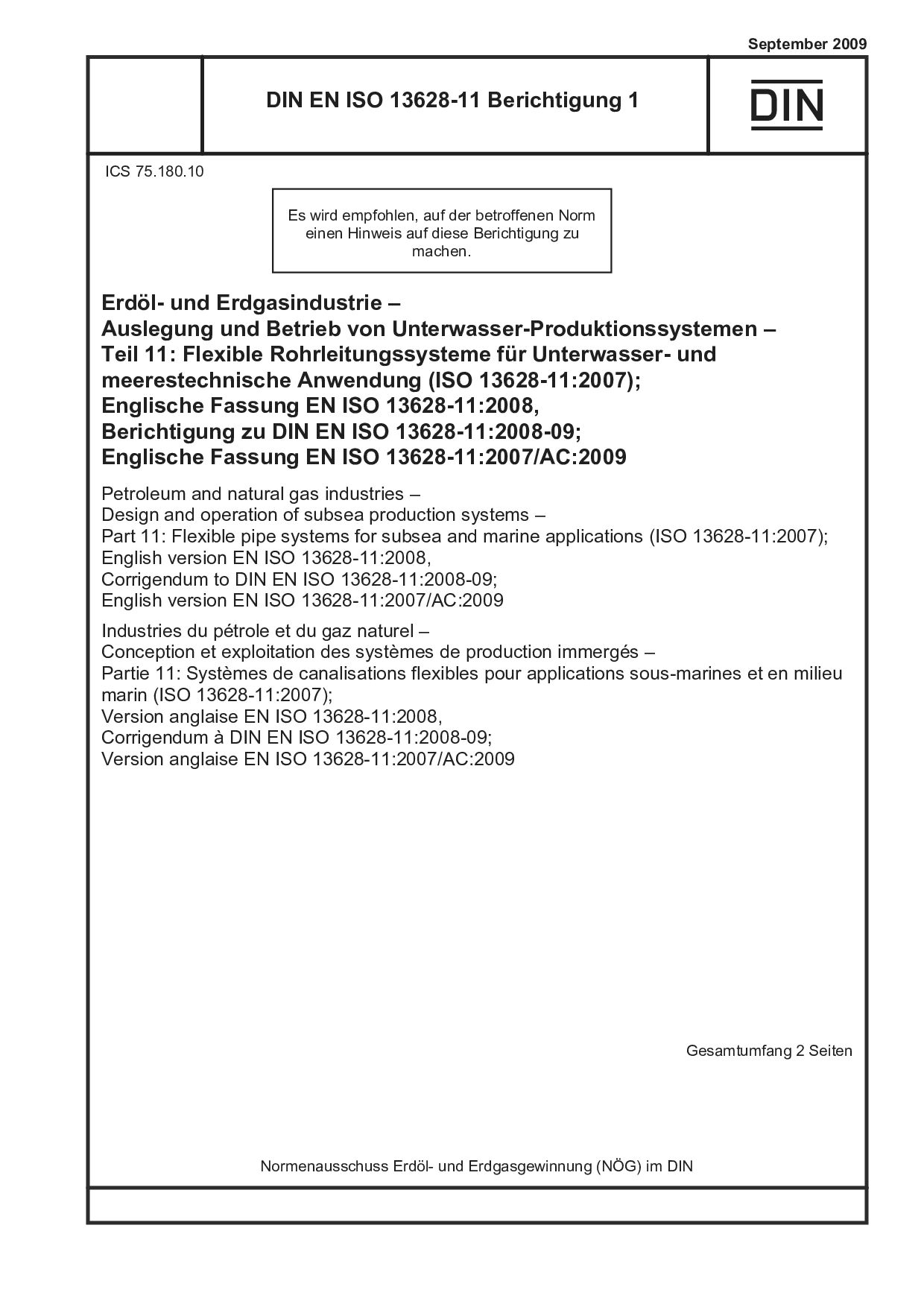 DIN EN ISO 13628-11 Berichtigung 1:2009