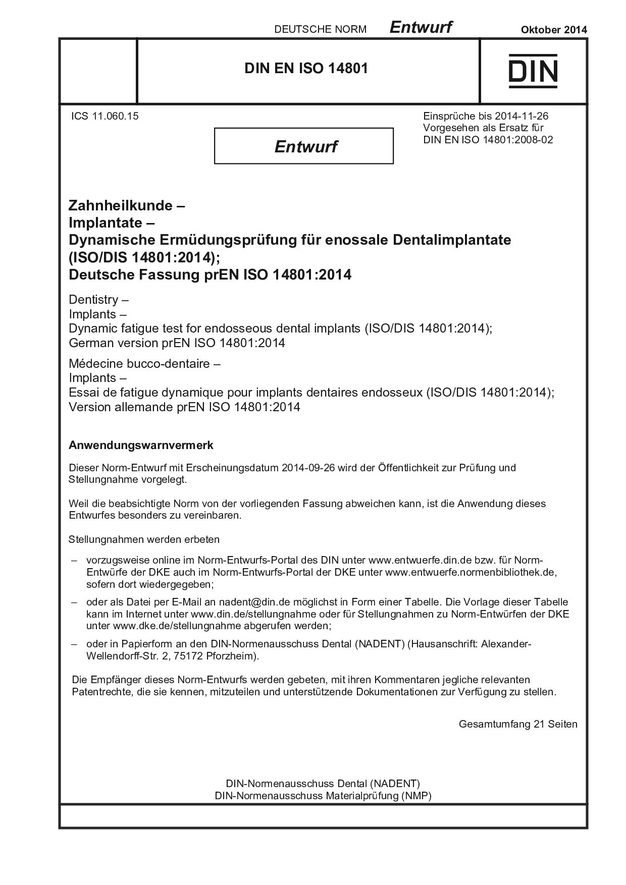 DIN EN ISO 14801 E:2014-10封面图