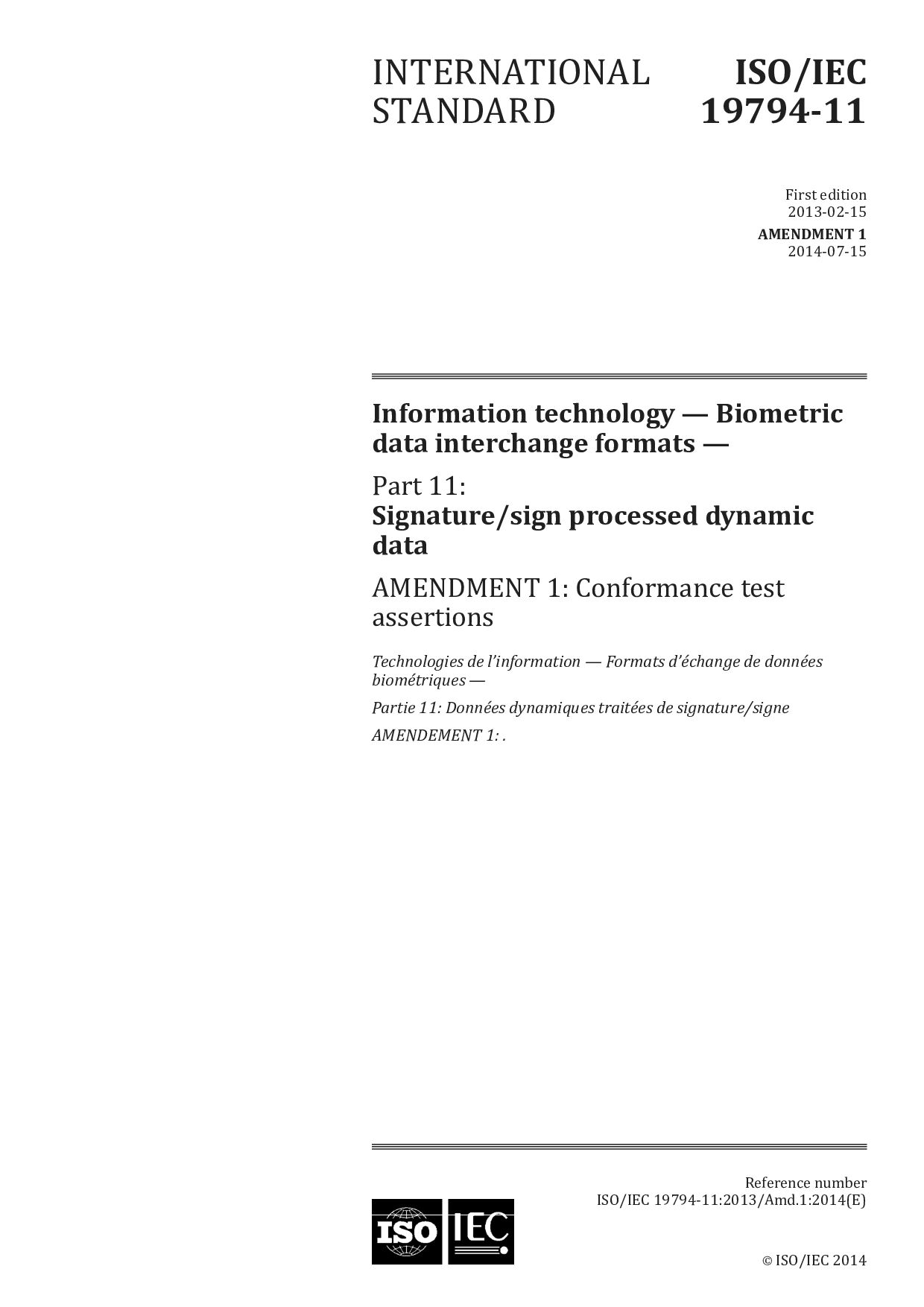 ISO/IEC 19794-11:2013/Amd 1:2014封面图
