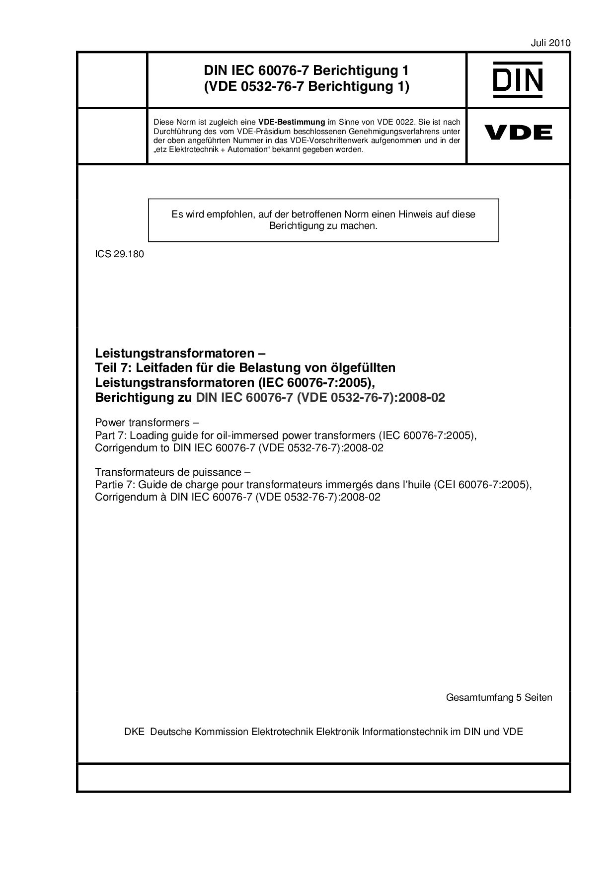 DIN IEC 60076-7 Berichtigung 1:2010封面图